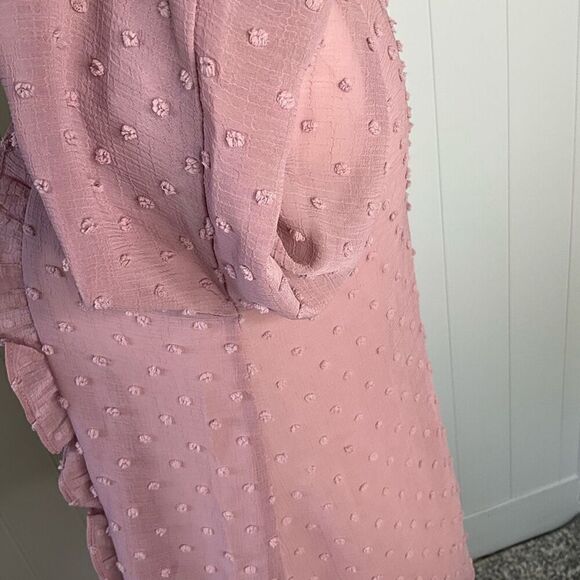 EM Womens Size Small Pullover Blouse Pink Dots Textured Ruffles Long Sleeves - Picture 11 of 14